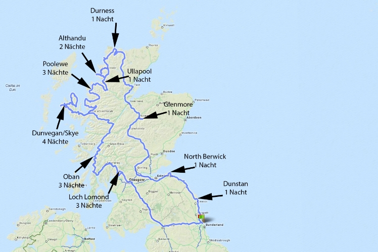 Unsere Reiseroute und Campingplätze F�hre von Amsterdam nach Newcastle 3 N�chte am Loch Lomond in Balmaha 3 N�chte in Oban 4 N�chte in Dunvegan auf Skye 3 N�chte in Poolewe 1 Nacht in Ullapool 2...