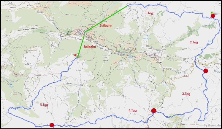 Route-Wanderung-Dolomiten Gesamt Gesamtkilometer 82 Höhe zwischen 1.812 Meter bis 2.950 Meter Gesamtanstieg: 5.980 Meter Gesamtabstieg: 6.592 Meter Seceda - Puezhütte Gesamtkilometer 10...