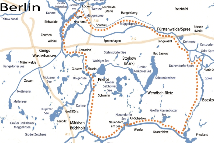 Beeskow-Berkenbrück/WW-Rastplatz 37km Berlenbrück-Jägerbude/Campingplatz 38km Jägerbude-Kablow (Krüpelsee)/Ferienhof 28km Kablow-Märkisch Buchholz/WW-Rastplatz 25km Märkisch Buchholz-Kossenblatt/WW-Rastplatz 28km Kossenblatt-Beeskow 22km Summe 6 Tage/178km